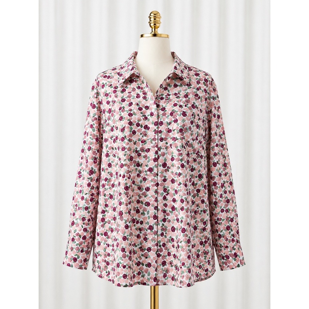Denim & Co Crisp Button Front Shirt Women 3X Pink Green Floral Rose Long Sleeve